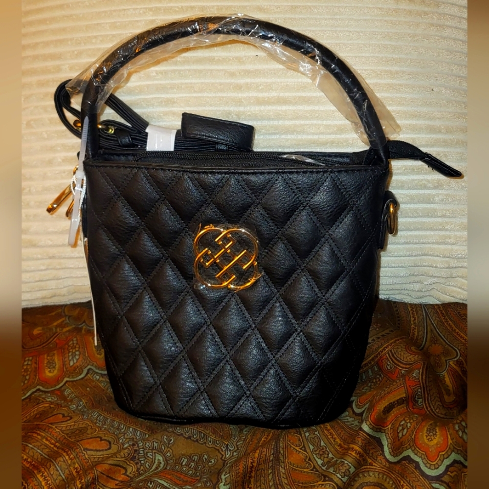 Daisy Fuentes Black Vegan Quilted Handbag with Gold Accents
